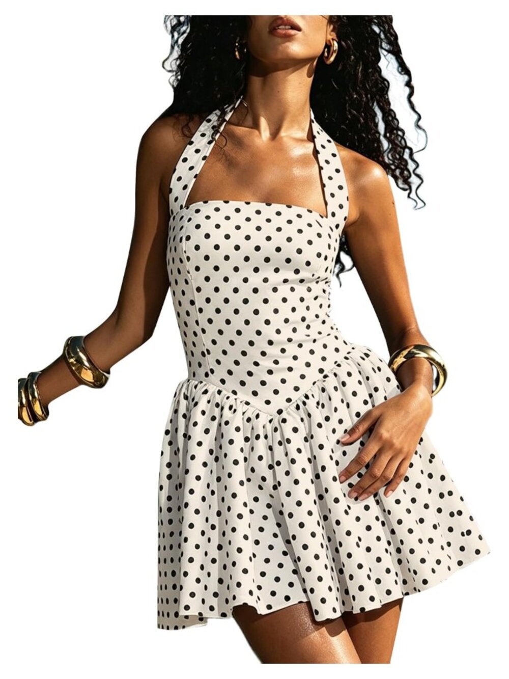 Halter Mini Dress Smocked Back Polka Dot Vacation Women Sleeveless